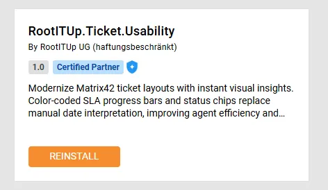Screenshot: RootITUp.Ticket.Usability Extension im Matrix42 Admin-Bereich mit Installationsbutton