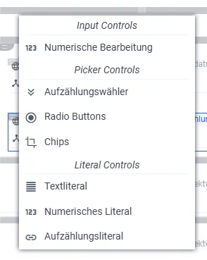 Screenshot: Auswahlmenü der Steuerelemente mit Radio Buttons und Chips