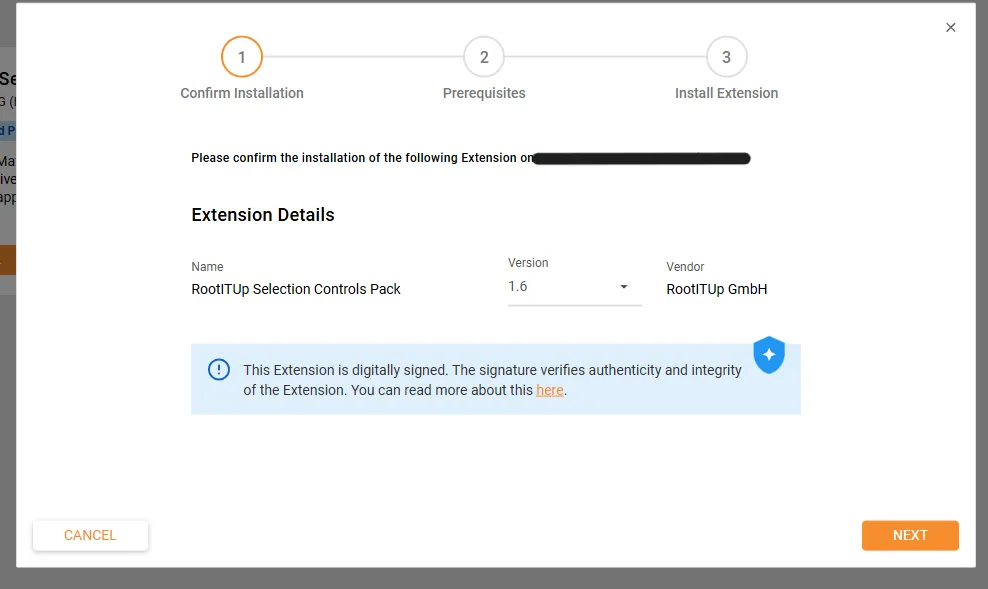 Screenshot: Erster Schritt des Installationsassistenten mit den Extension-Details des RootITUp Selection Controls Pack