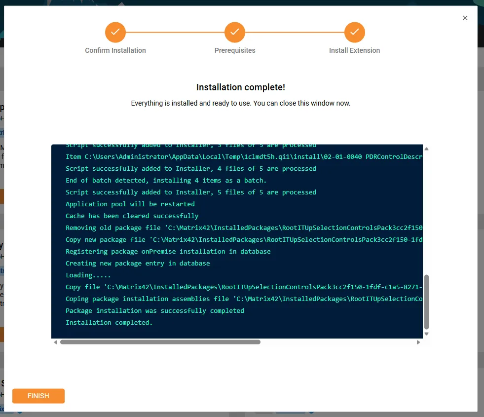 Screenshot: Abschlussseite des Assistenten mit der Meldung „Installation complete!" und dem Installationsprotokoll