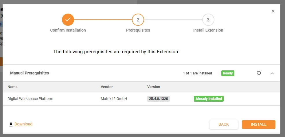 Screenshot: Schritt „Prerequisites" des Assistenten zeigt die Digital Workspace Platform als bereits installiert