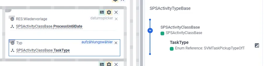 Screenshot: Layout-Editor mit ausgewähltem Pickup-Feld und zugehörigem Aufzählungswert