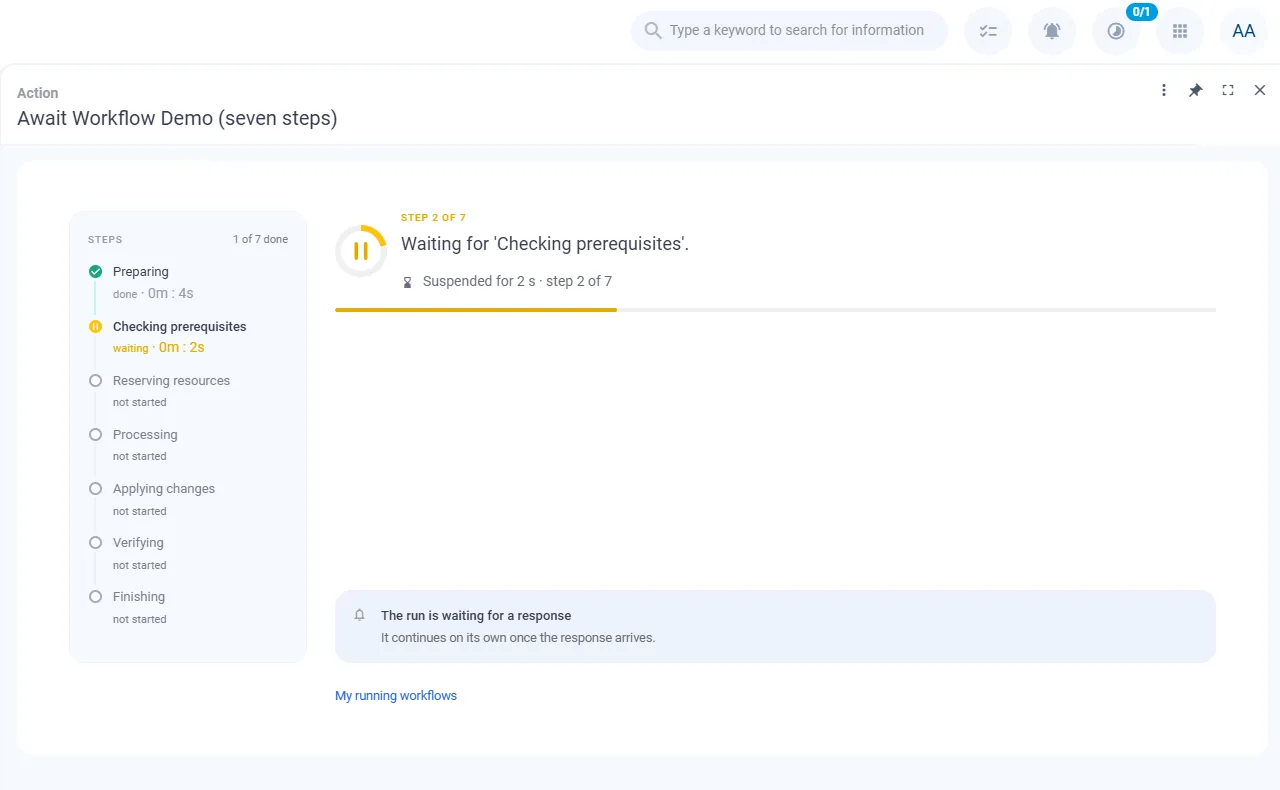 Screenshot: Tracking-Fenster im geteilten Layout. Links die Schrittliste mit sieben Schritten, rechts der aktuelle Schritt „Checking prerequisites" mit Statusring und Fortschrittsbalken